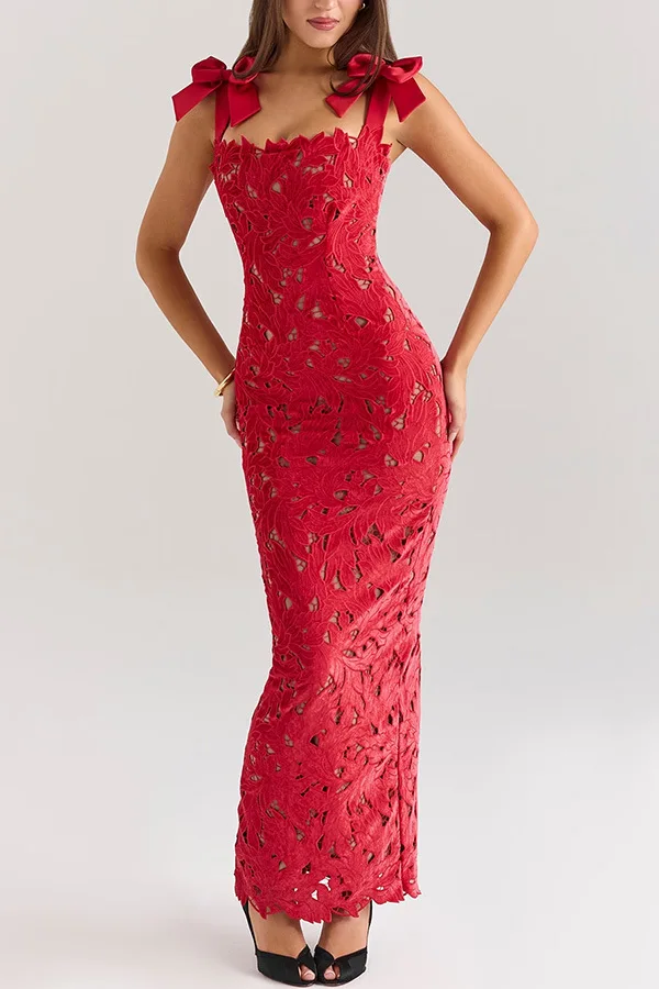 Women's Solid Color Lace Maxi Dress Fashion Spaghetti Strap Bow Accent Cutout Bodycon Gown Slit Elegant Outfit For Proms Parties