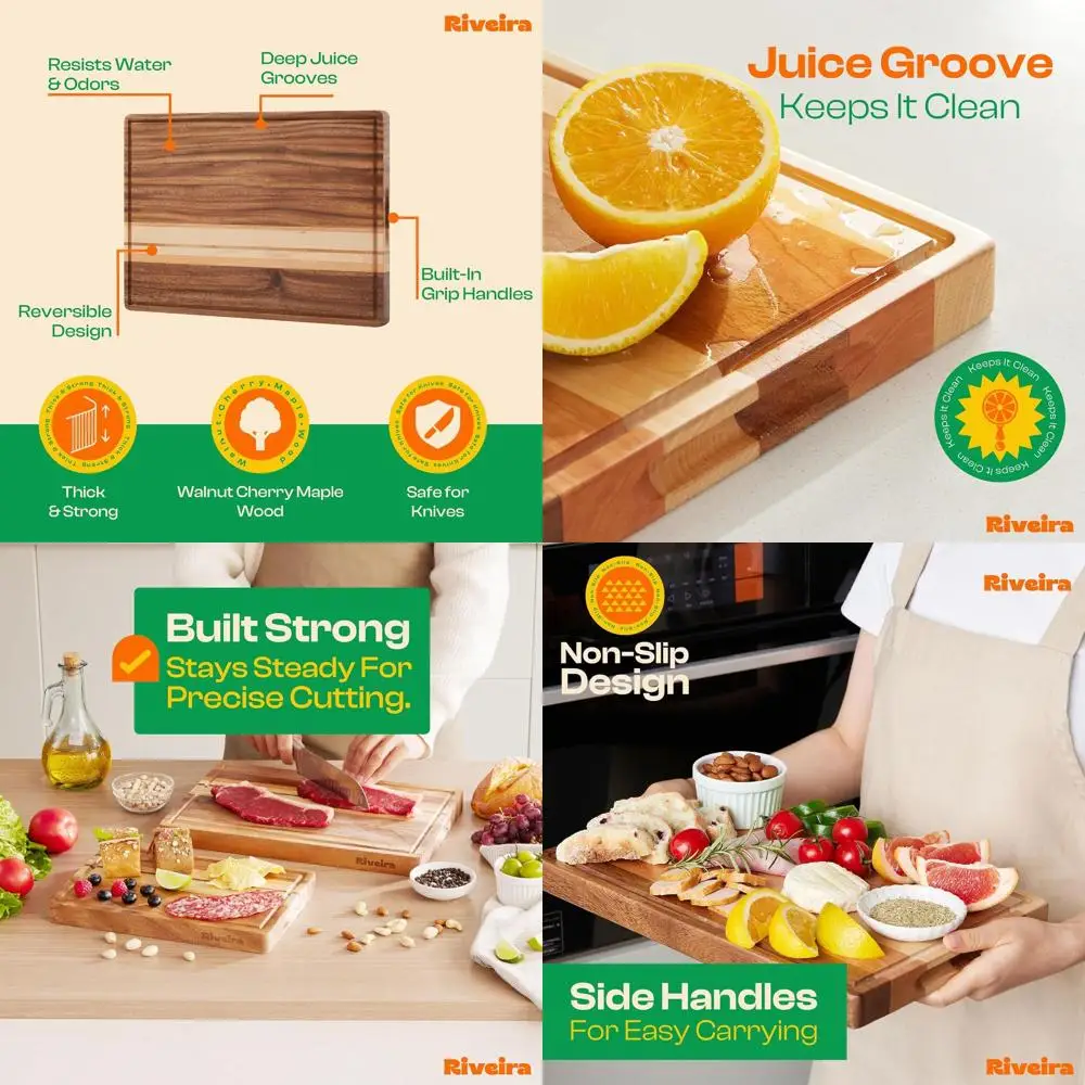 ชุดเขียงไม้ 2 ชิ้น - วอลนัท พรีเมียม เมเปิล และเชอร์รี่ - เขียงสำหรับครัวพร้อมร่องสำหรับน้ำ