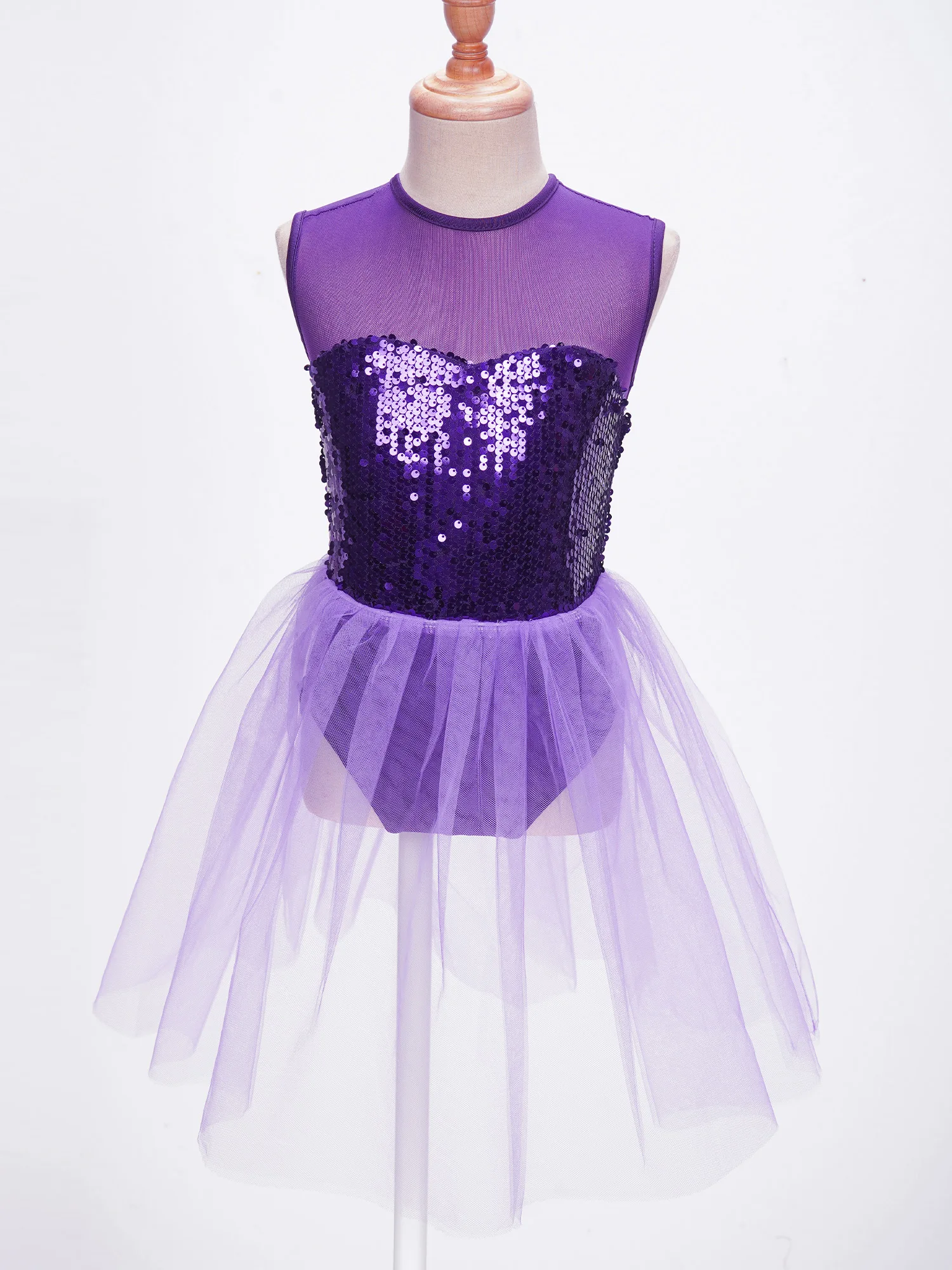 Kids Girls Ballet Dress Figure Ice Skating Costume Shiny Sequins Ballerina Tutu Mesh Dress Sleeveless Gymnastics Leotard dresses