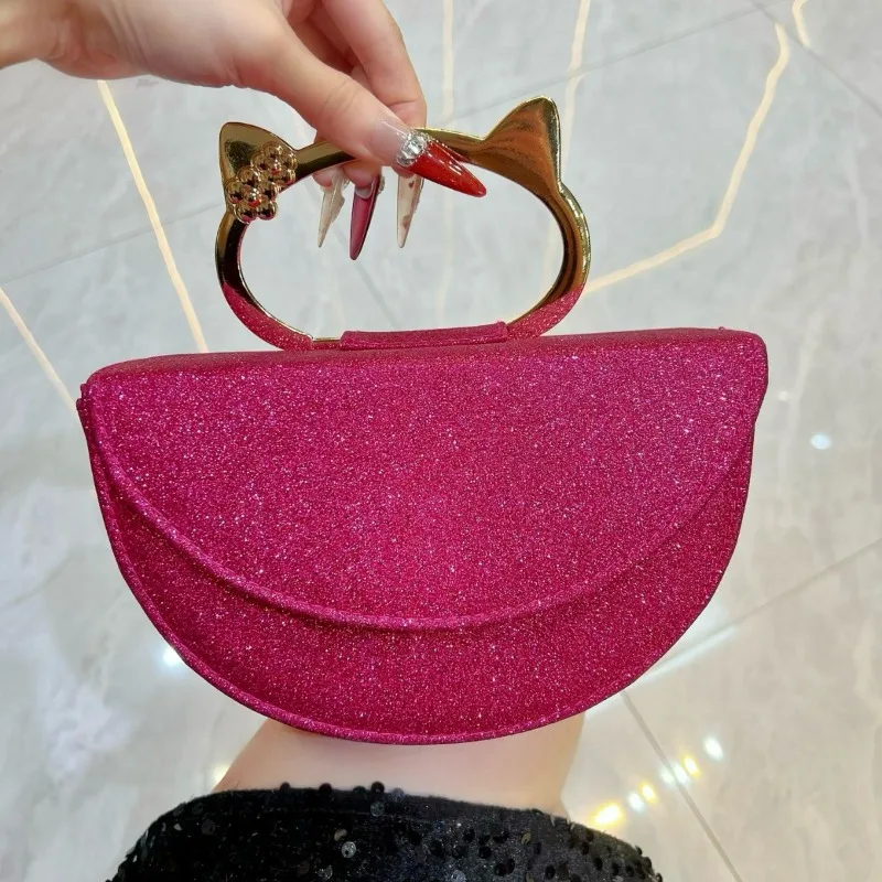 

Fashionable Half Moon Glittering Evening Party Bag Cute Golden Handle Women's Handbag Bridal Wedding Evening Dress Clutch Bag