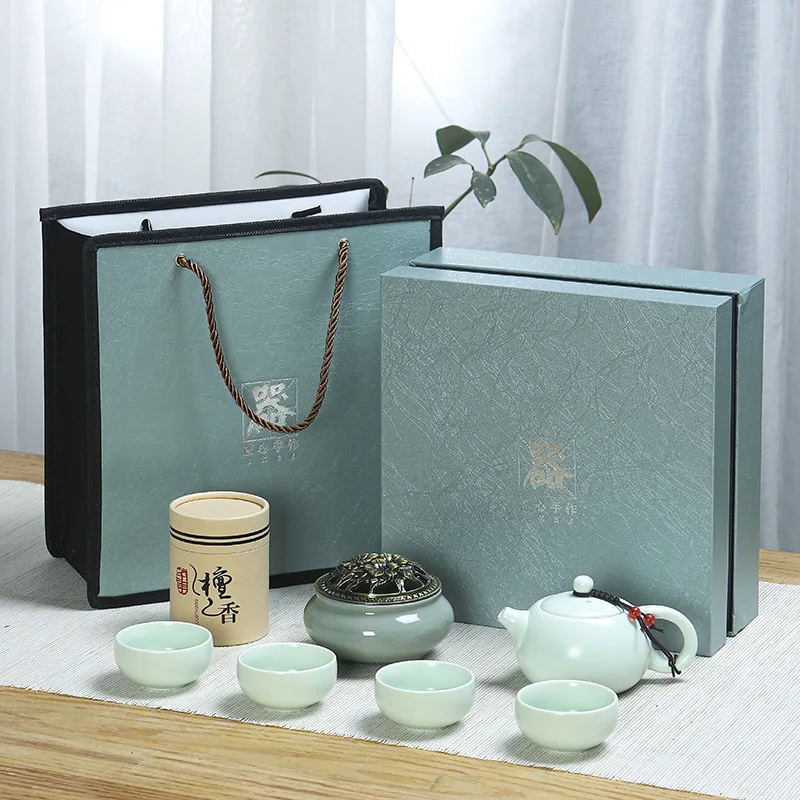 Tea Set with Incense Burner One Pot Four Cups Ceramic Ding Kiln Matte Kung Fu Tea Set free 1 incense  Exquisite Gifts