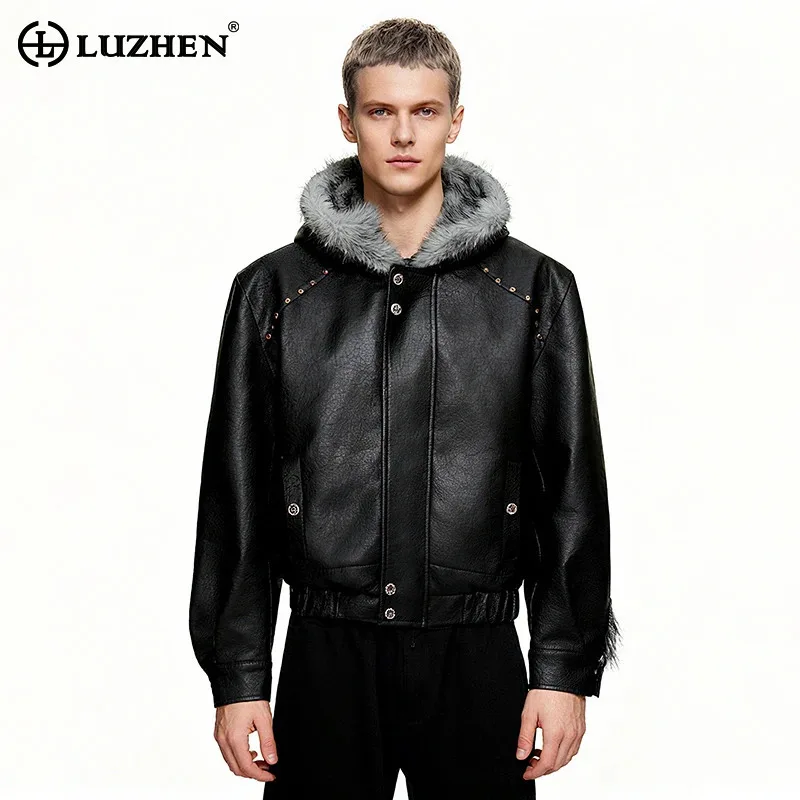

LUZHEN 2025 Winter New Fashion High Quality Faux Fur Liner Hooded Leather Jacket Men's Handsome Patchwork Decorate Parka JY5450