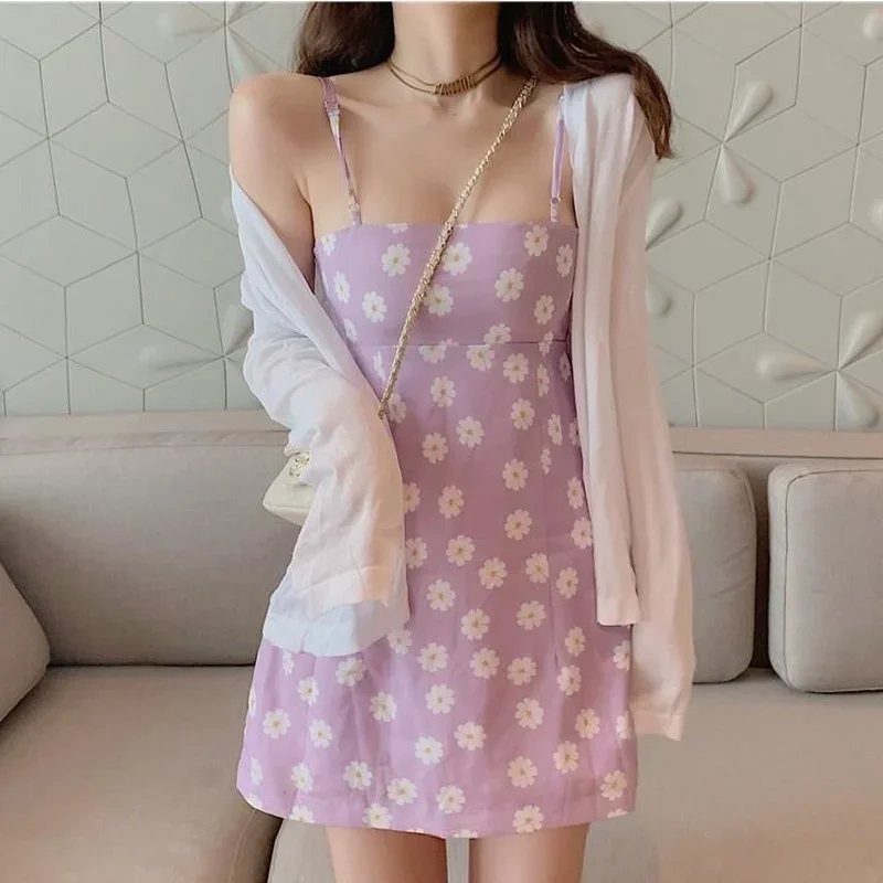 

New Sweet Daisy Print Slip Dress Summer Women High Waist Square Collar Floral Cottagecore Dress 2023 Spaghetti Strap Brace Skirt