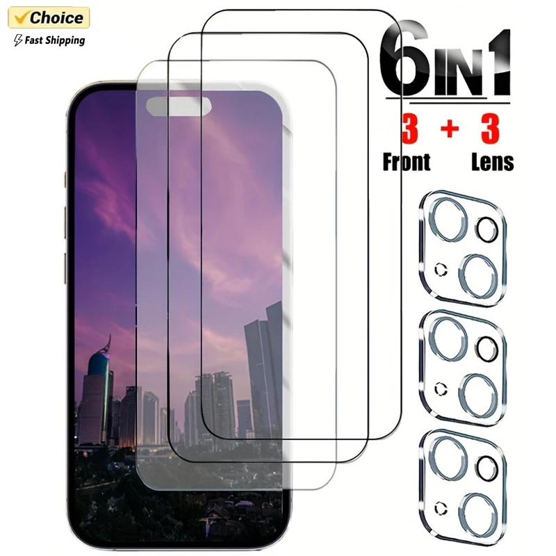 Protector de pantalla de teléfono 6 en 1 + Protector de lente de vidrio templado para IPhone 11, 12, 13, 14, 15 Pro Max, 14Plus, 15Plus