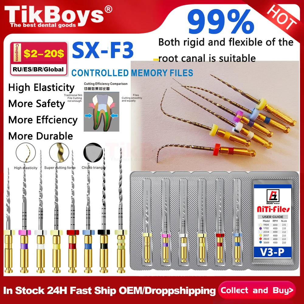 

Dental Root Canal Files Heat Activated Golden/Blue Silver NITI Flexible Rotary 21/25/31mm Assorted File SX-F3 Endodontic Motor