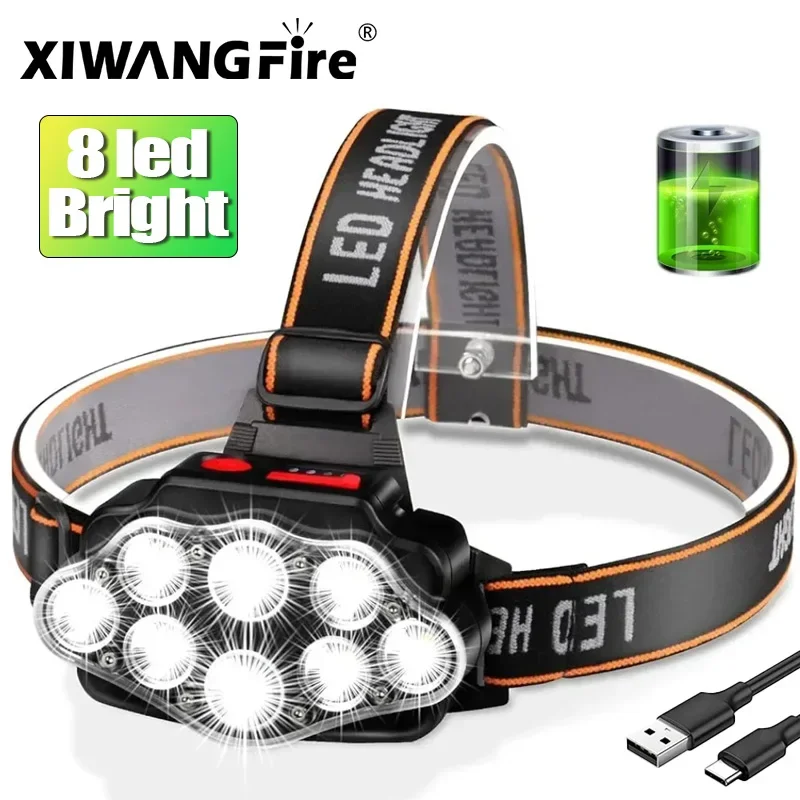 8LED Powerful Headlamp Rechargeable Flashlight for Fishing Led Headlamp Camping Headlights Hunting Torch Hiking Front Lanterns