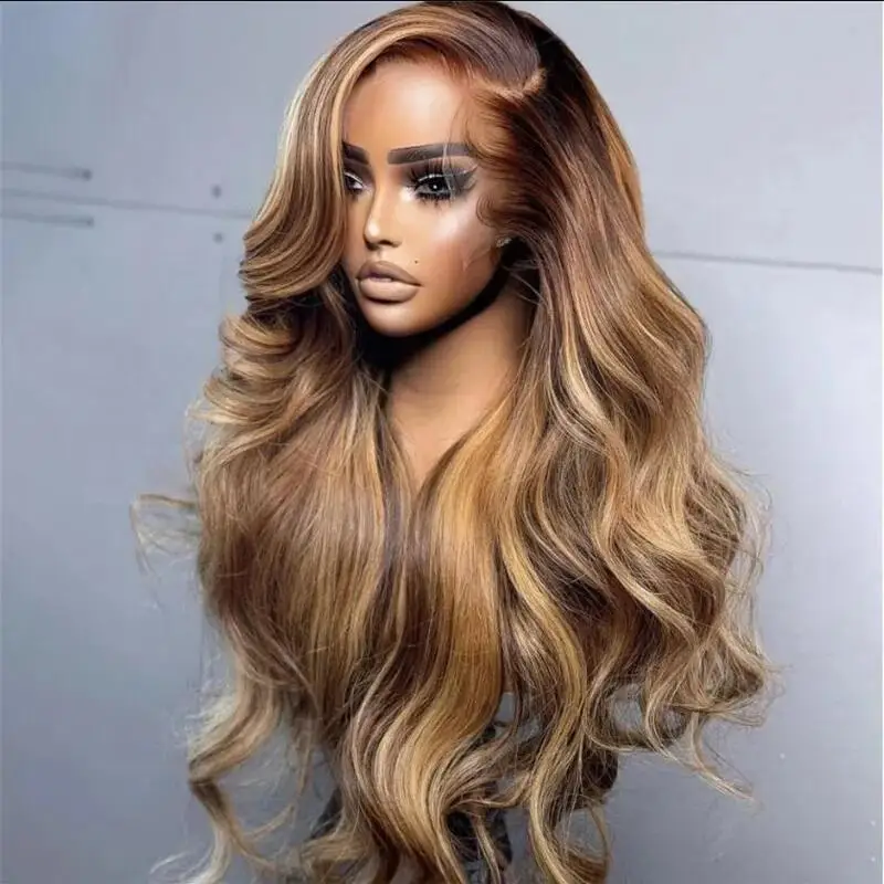 26'' Long Body Wave 180Density Highligt Brown Deep Lace Front Wig For Black Women BabyHair Heat Resistant Glueless Preplucked