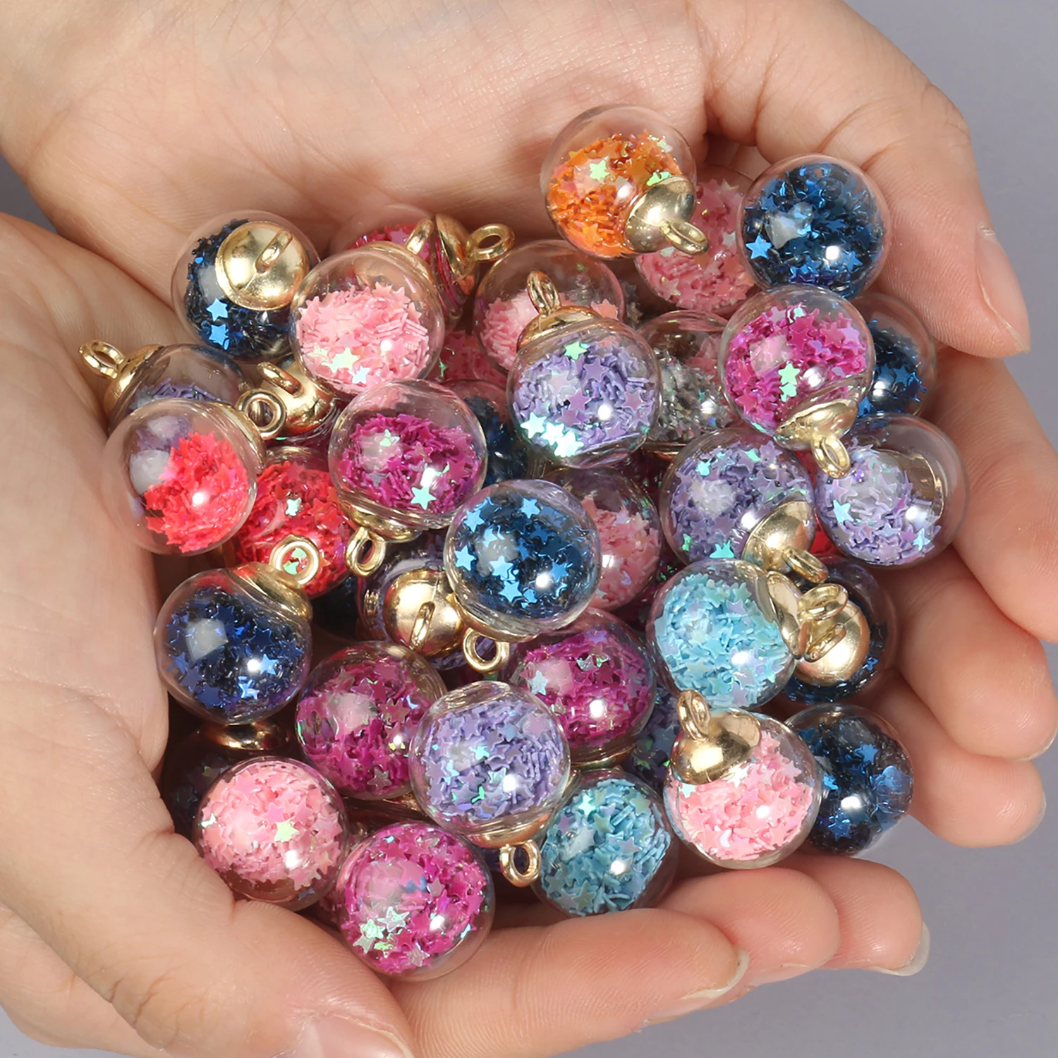 20pcs Clear Glass Ball Charms Pendant With Tiny Shiny Star Sequins 21x16mm for Jewelry Making Earring Keychain Necklace DIY