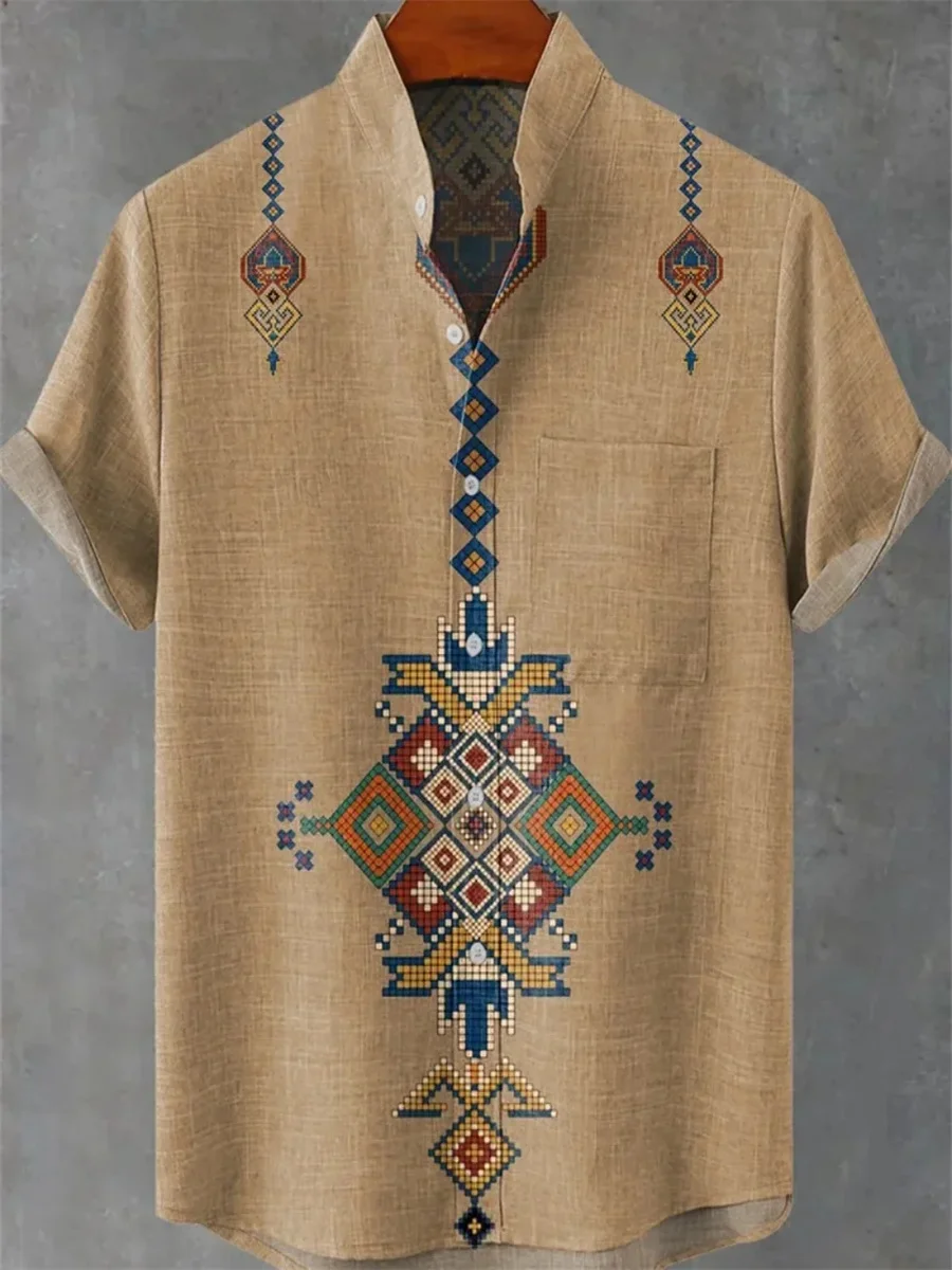 2025 New Linen Comfortable Breathable Fabric Short Sleeve Top Forest Art Print Men's Stand Collar Shirt Art Lover Clothing