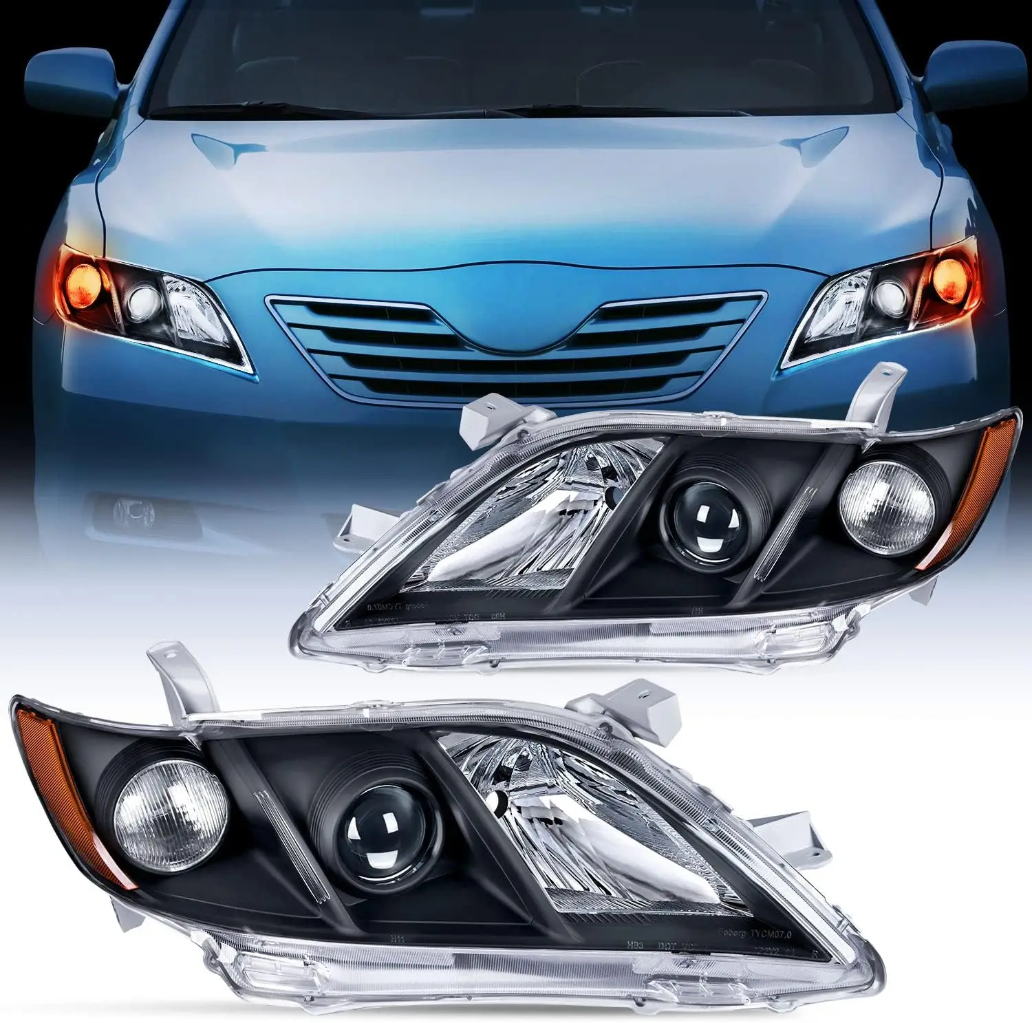 Nilight Headlight Assembly Compatible with 2007 2008 2009 Toyota Camry Headlamps Replacement Black Housing Amber Reflector Driver and Passenger Side, Front Headlight Upgrade Kit for Toyota Camry Sedan Exterior Lighting