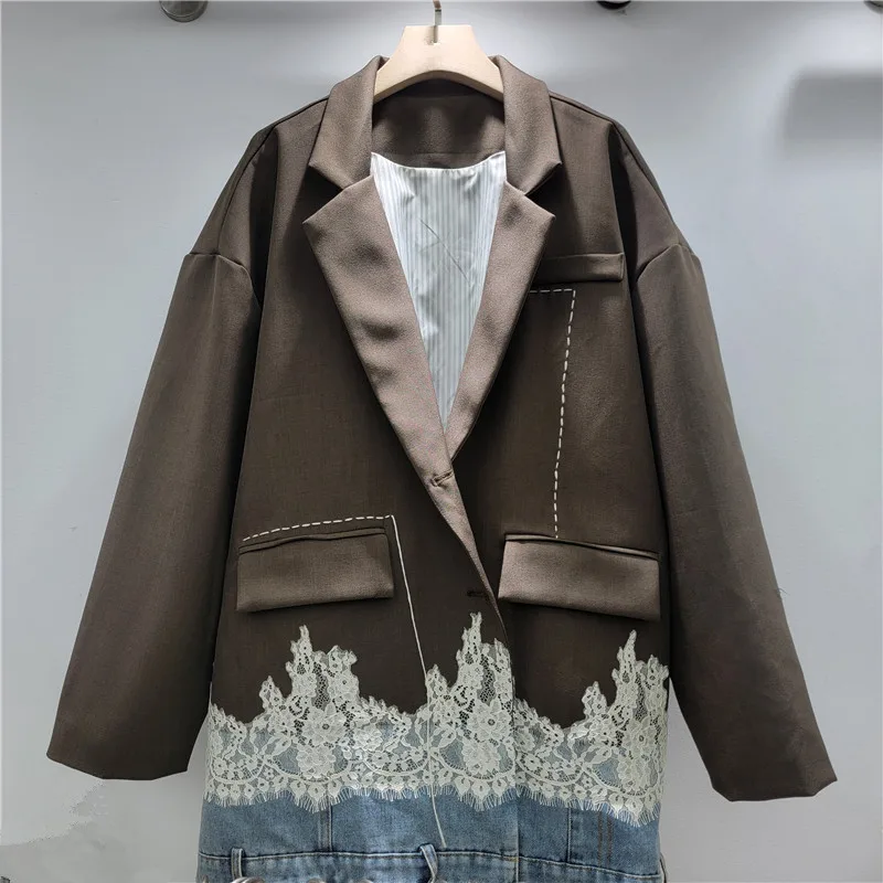 SuperAen 2026 Spring New Denim Patchwork Contrasting Color Lace Blazer Long-sleeved Women Oversize Loose Casual Suit