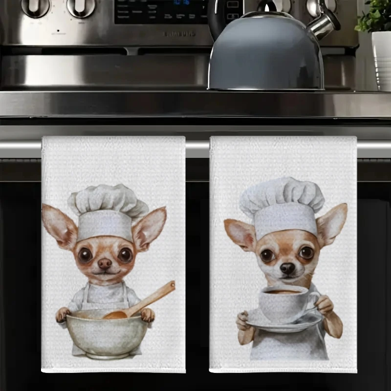 2Pcs, Chihuahua Chef Kitchen Towels, 40Cm*60Cm Towel Set, Best Kitchen Towels, Super Absorbent Soft Cleaning Cloth, Cooking and Baking Tea Towels, Hand Towels, Cleaning Cloths, Dishcloths, Kitchen Decor, Living Room Decorations, Kitchen Essentials, Home Essentials