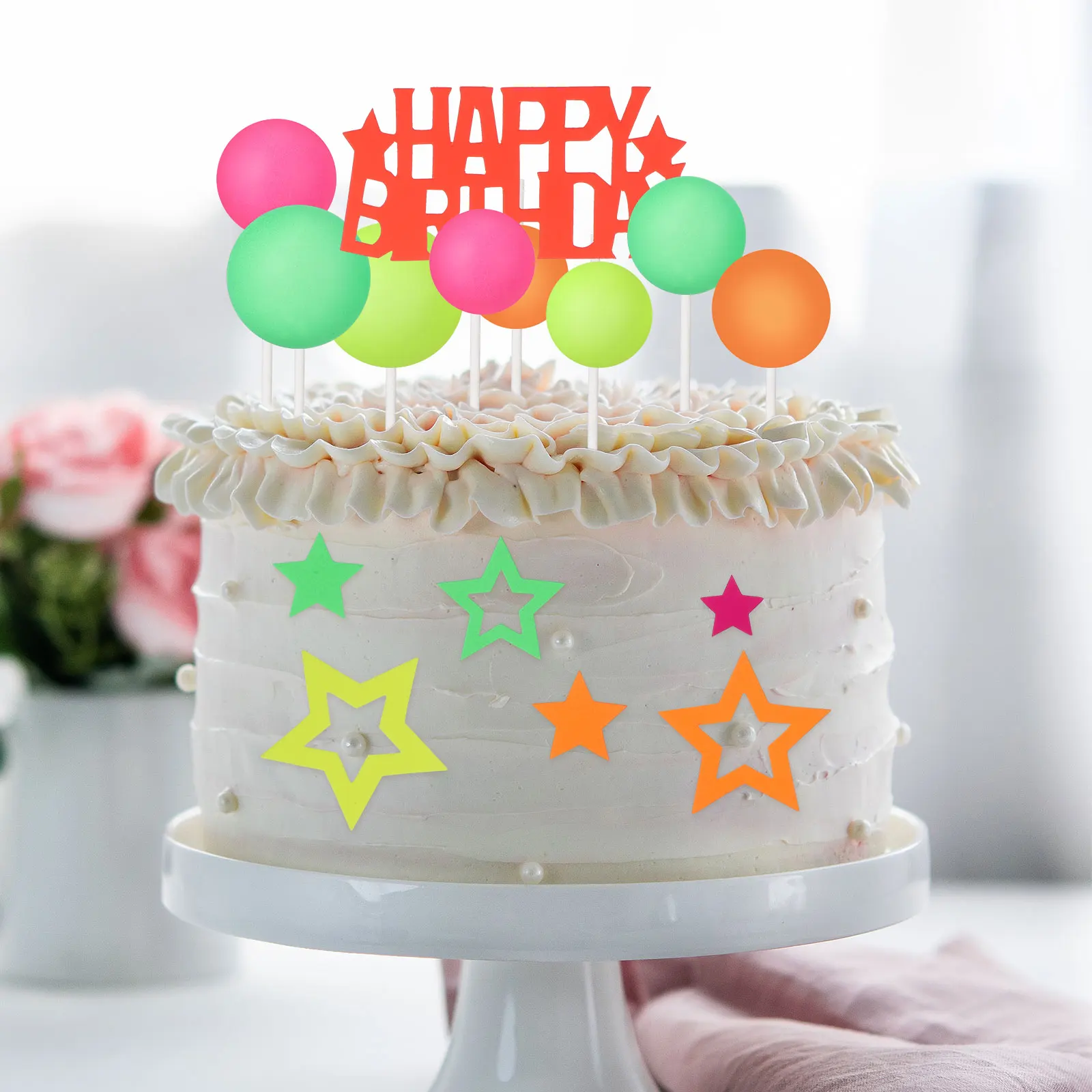 

40pcs Glow Cake Topper Set Ball Star Happy Birthday Toppers Neon Party Decorations For Birthday Party Supplies Arrangements