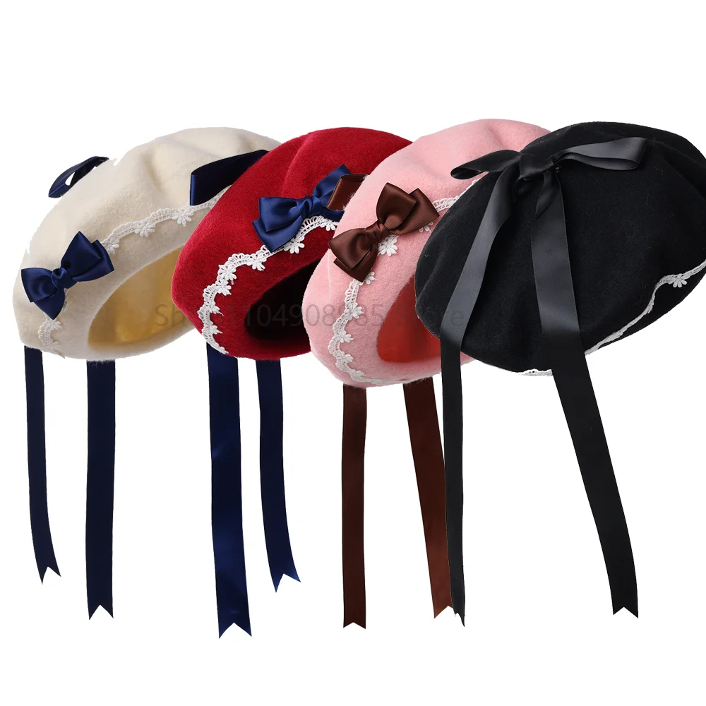 Lolita Girls Cute Bowknot Boina Sombrero Mujeres Kawaii Cinta Casual Sólido Painter Sombrero Unisex Artista Cap Cúpula Rosa
