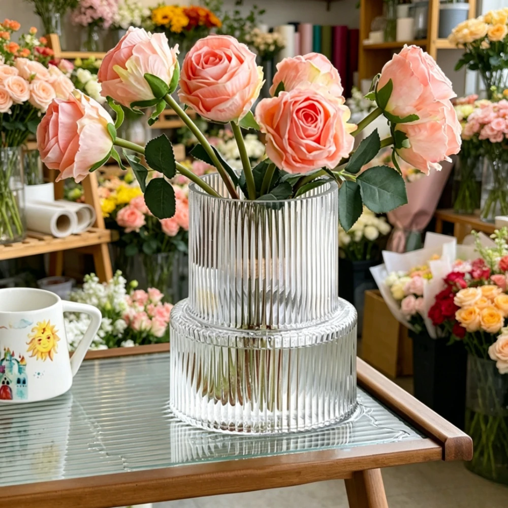Glass Vase Nordic - Simple Transparent Glass Striped Vase Desktop