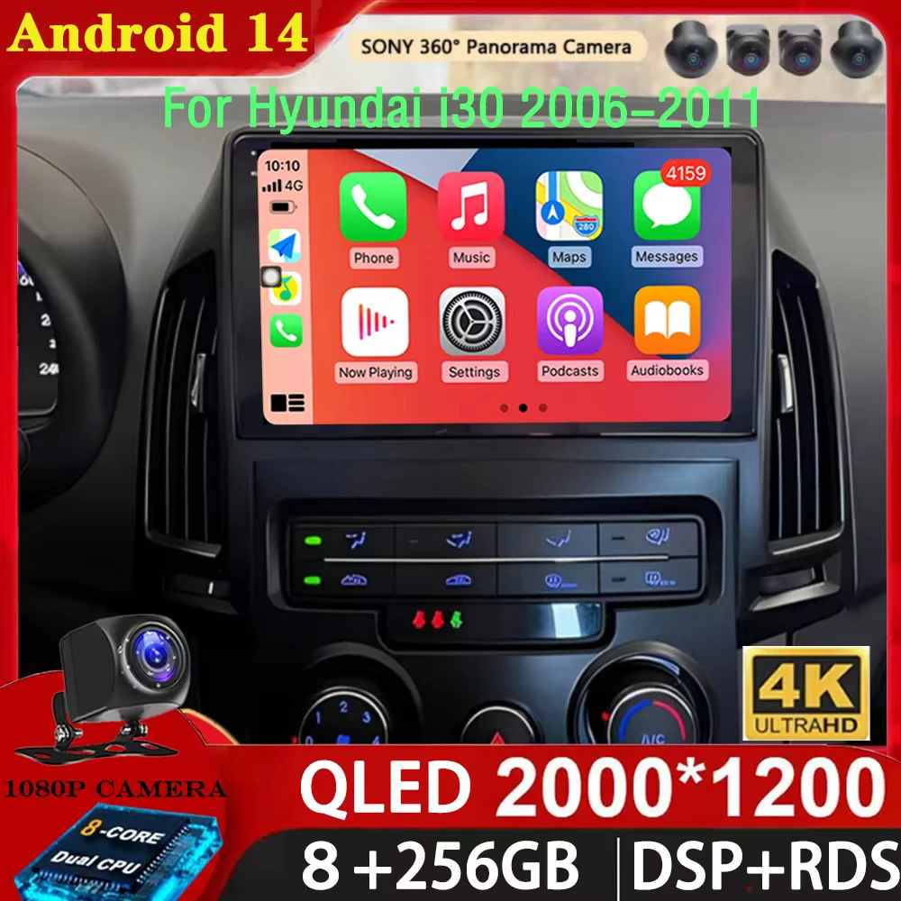 For Hyundai i30 2006 2007-2012 Android 14 MANUAL AC 2K Android Car Radio Multimedia Video Player GPS AI Voice CarPlay 4G Stereo