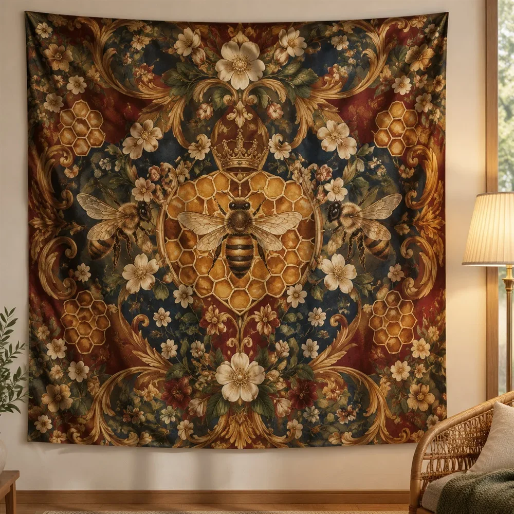 VIKAMA European Bee Honeycomb Tapestry Wall Hanging, European Wall Decor Tapestries for Living Room Bedroom Entryway Dining Room