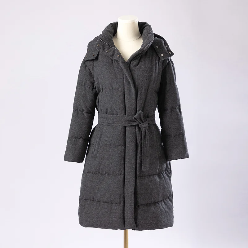 

K1861X Womens Hooded Wool Blend Puffer Coat Long Belted Quilted Winter Jacket Snap Front Cold Weather Outerwear Coat