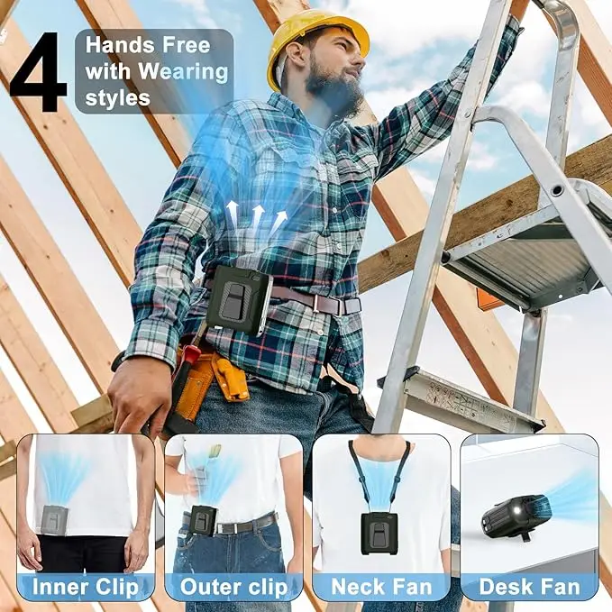 2025 مروحة ذكية محمولة قابلة لإعادة الشحن مع ضوء LED، وقت تشغيل 35 ساعة، 5 سرعات 16000 دورة في الدقيقة مروحة خصر شخصية للتبريد التوربيني، Weara