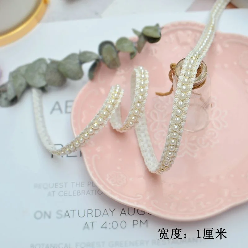 1CM Wide Korean Glitter Pearls Golden Braided Ribbon Beaded Fringe Lace Edging Trim Wedding Headwear Hat Cloth DIY Sewing Fabric