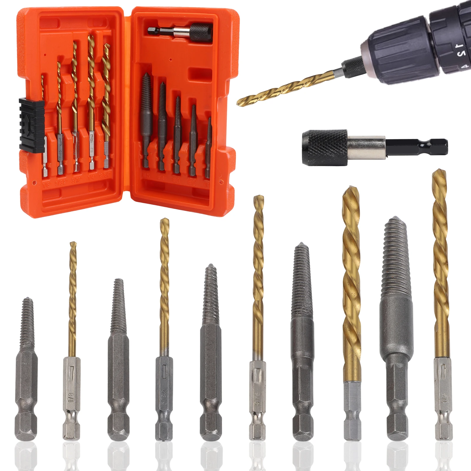 11Pcs Screw Extractor And Left Hand Drill Bits Set HSS Broken Bolt Remover Kit For Damaged Studs Nuts Automotive Home DIY Tools