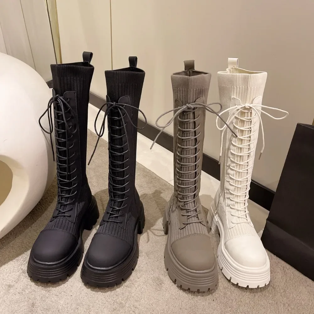 2024 autunno inverno New Chunky Platform stivali lunghi donna stivali alti al ginocchio lavorati a maglia elasticizzati con suola spessa donna Botas