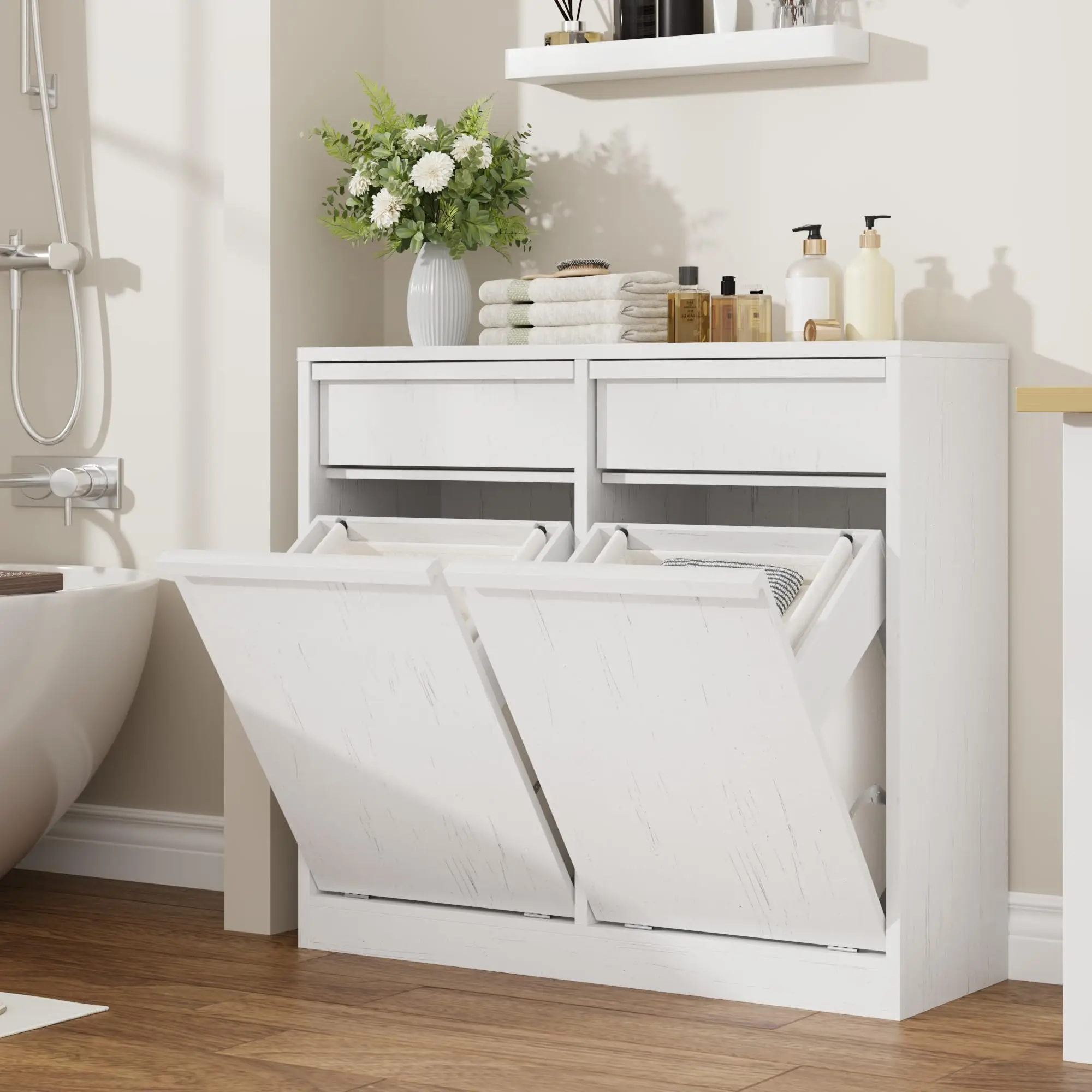 Laundry Hamper Cabinet With 2 Drawers, Double Tilt-Out Baskets, 20 Gallon Wood Farmhouse Trash Cabinet For Bathroom Kitchen
