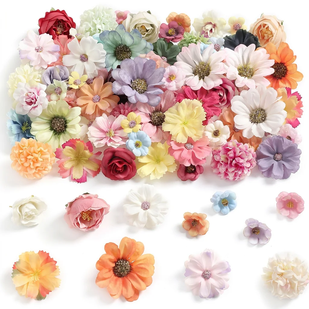 50 Pcs Mixed Color Faux Flower DIY Craft Set For Hanfu Hairpins Realistic Plastic Fabric Flowers Christmas Decoration Flowers
