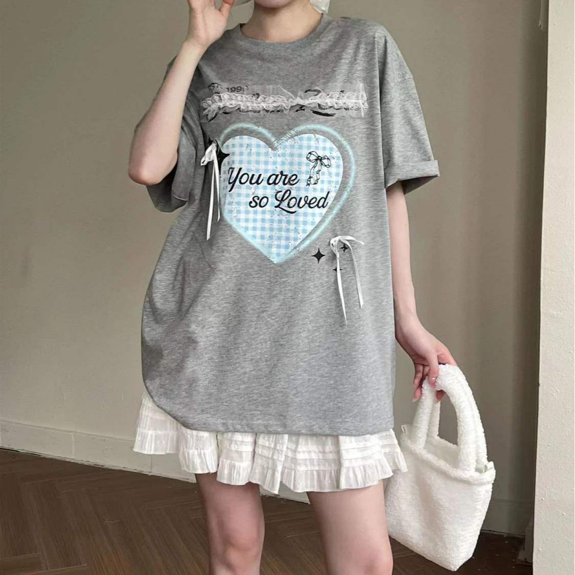 

Bow Decoration Printed Pure Cotton T-shirt for Women's Versatile Casual Loose Top