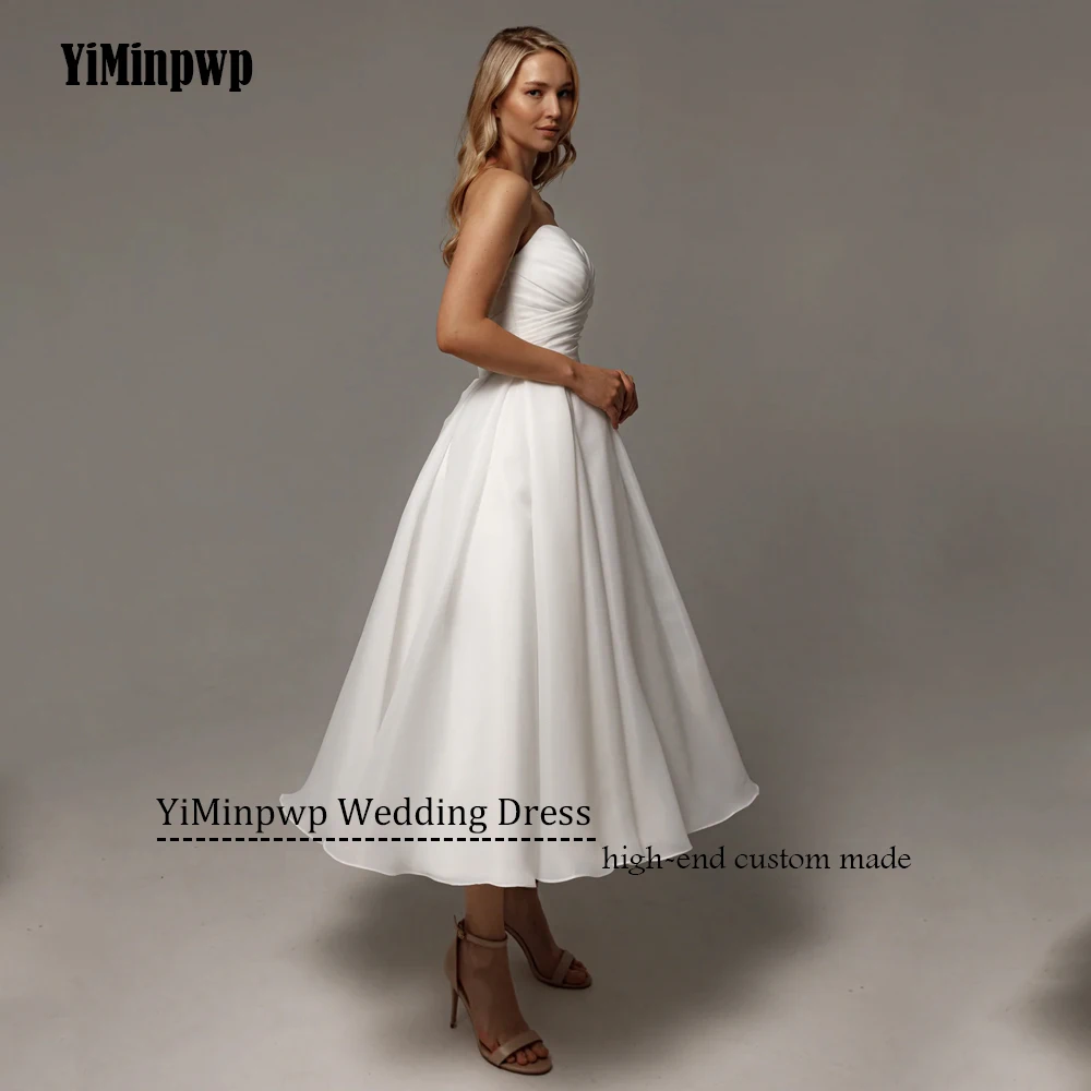 Gaun Pengantin Midi A-Line 2025 Tanpa Lengan Korset Organza Tanpa Tali Model Tea-Length Gaun Pengantin Custom vestidos de novia