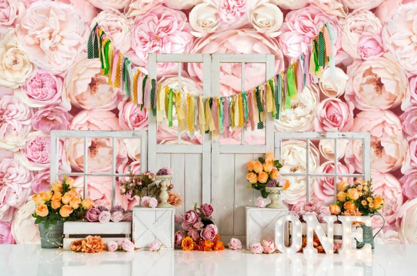 Tea Party Pink Rose Garden Photography Backdrop Princess Girl's Birthday Cake Smash Photo Background Lace Photo Studio Props