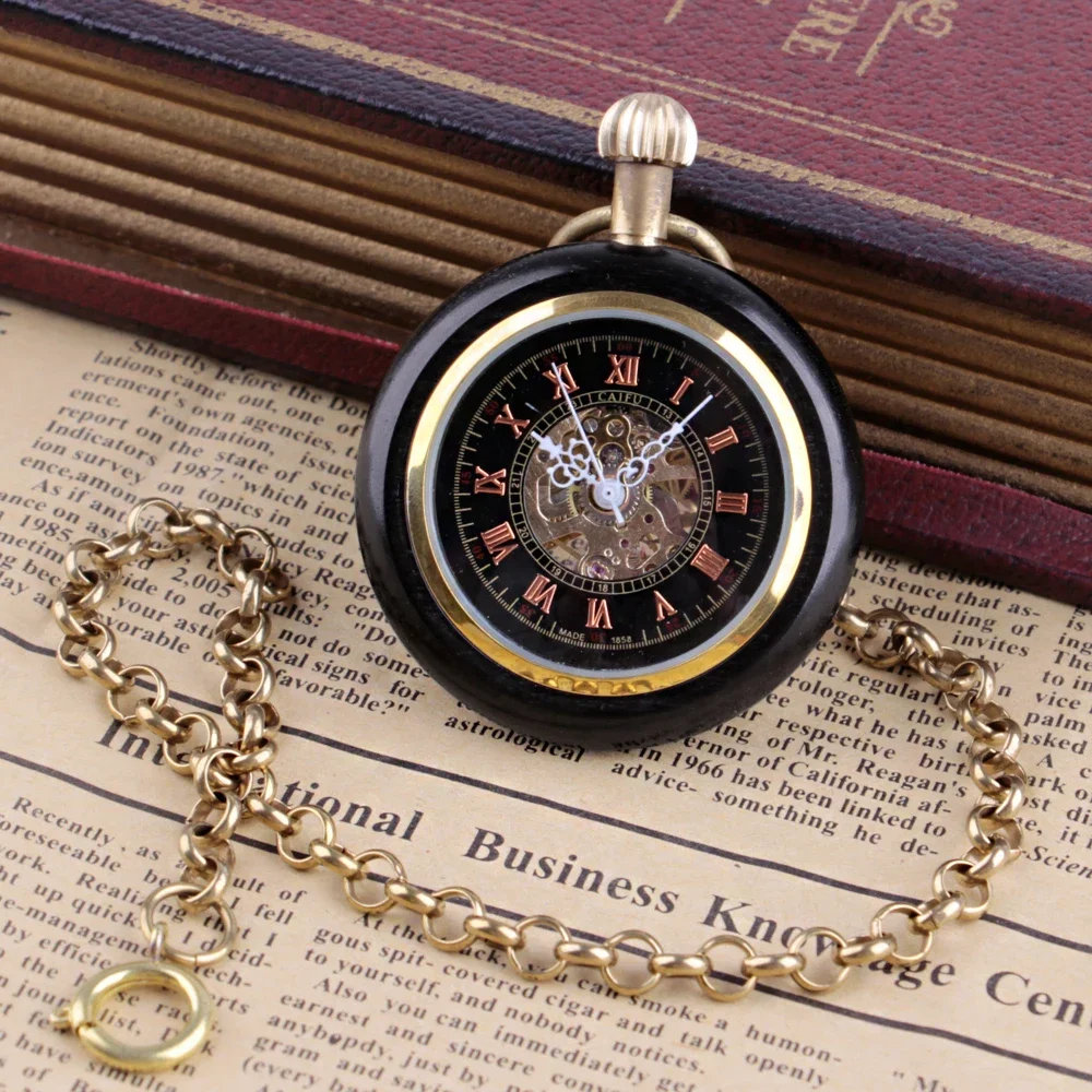 Black Charm Wood Mechanical Pocket Watch Women Men Antique Simple Design Hand Wind Casual Mens Pocket Watches Male Best Gift