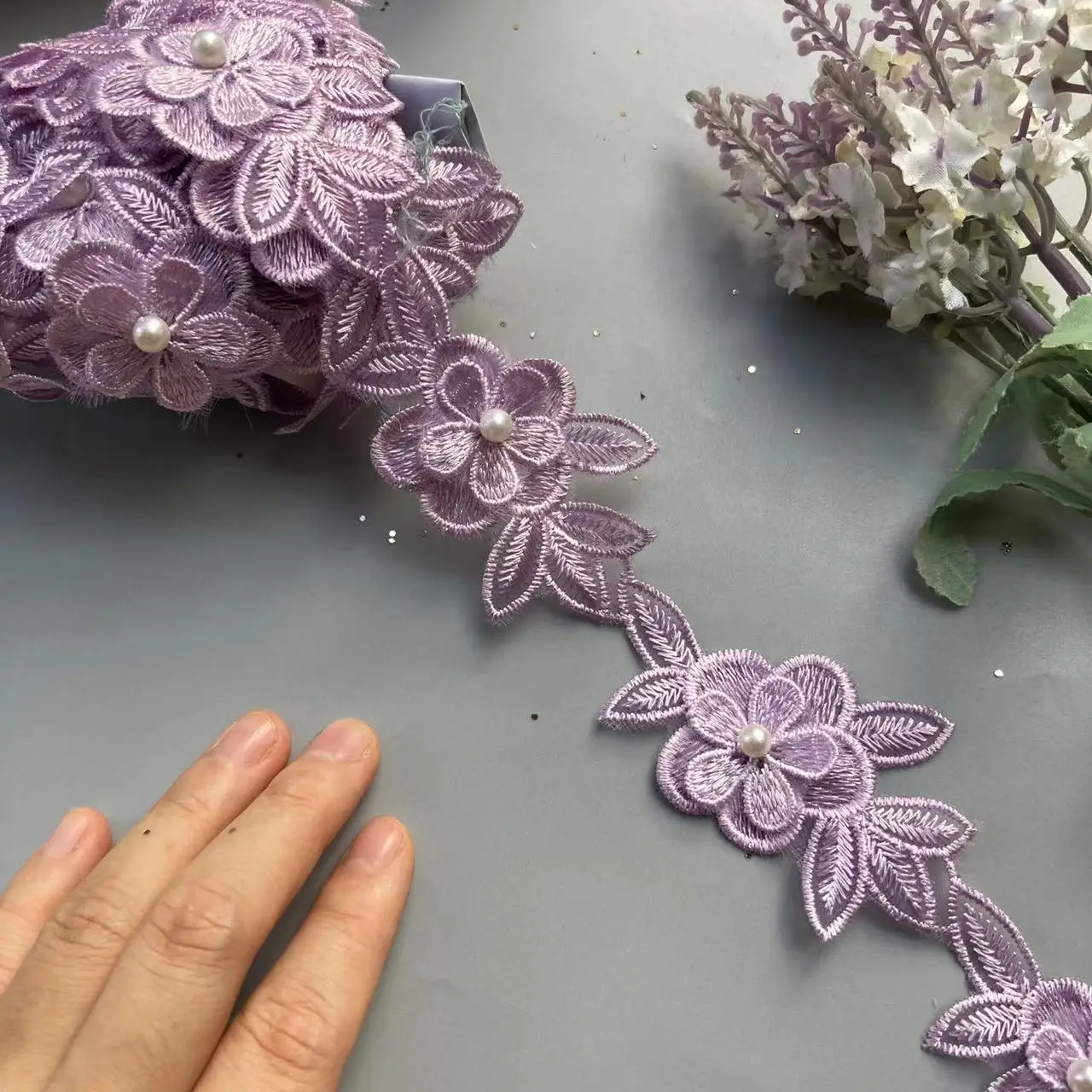 1 yards Purple Pearl Flower Leaf Handmade Beaded Embroidered Lace Edge Trim Ribbon Applique Wedding Dress Sewing Craft DIY Hot