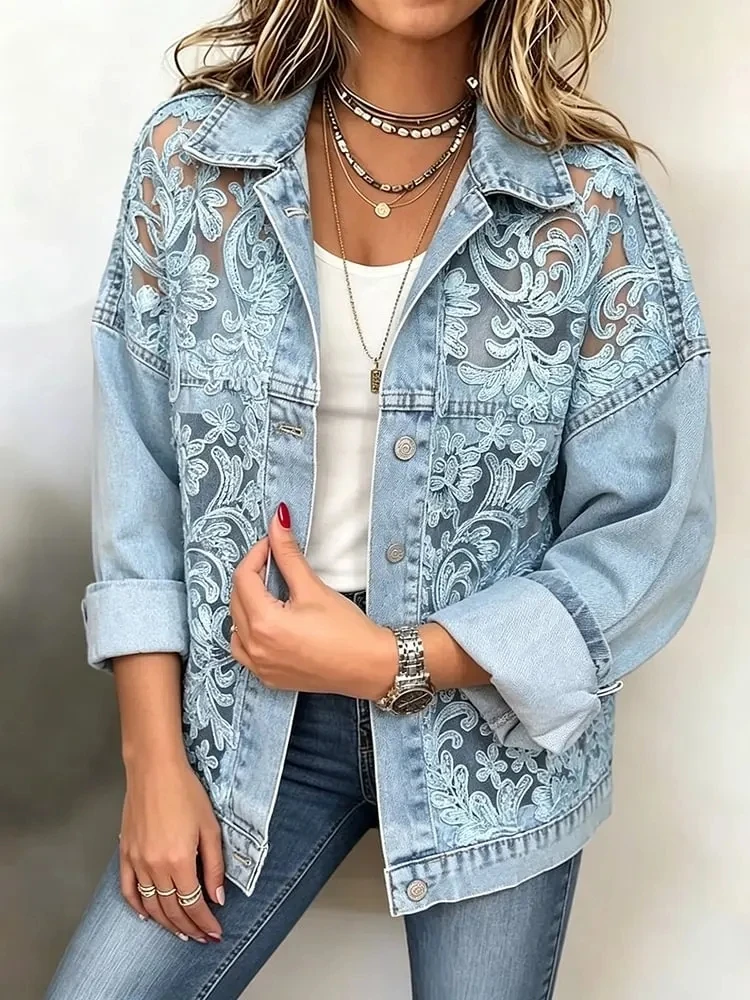 2026 New Women Lace Spliced Denim Jacket Loose Casual Lapel Long Sleeve Single Breasted Short Coat Fashion Streetwear Outerwear