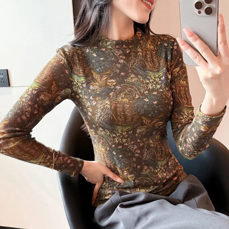 Y2K Top da donna alla moda con collo alto stampato a maniche lunghe in rete ad alta elasticità autunno inverno