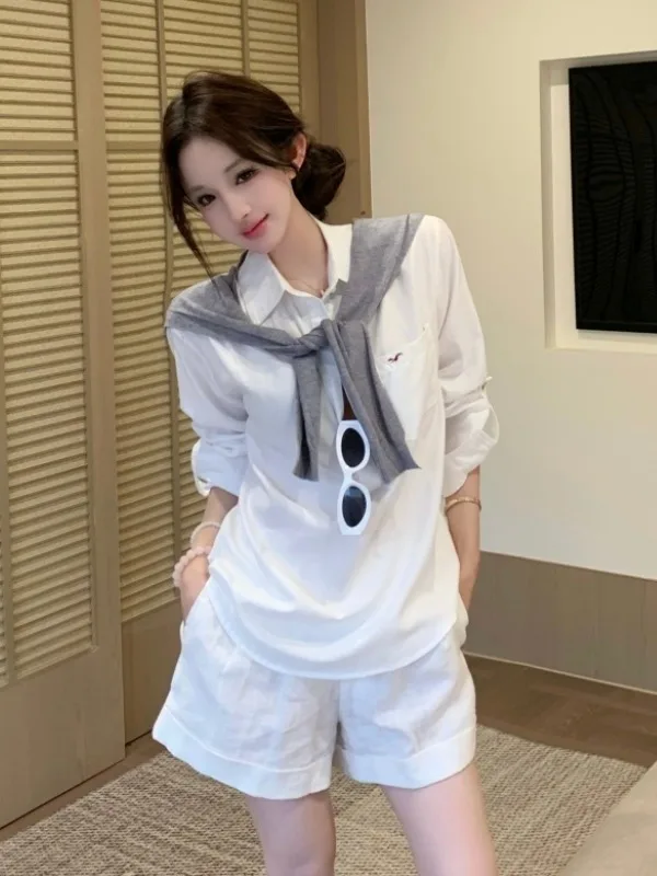 

Women's Summer Casual Loose Shirt Shawl Shorts Three-Piece Set Vacation Relaxing Style Fashionable plus Size Commute Wear