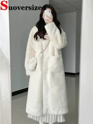 Thicken Korean Faux Fur Jackets Warm Fake Rabbit Plush Outerwear Winter High Quality Long Coats Women Elegant Furry Overcoats