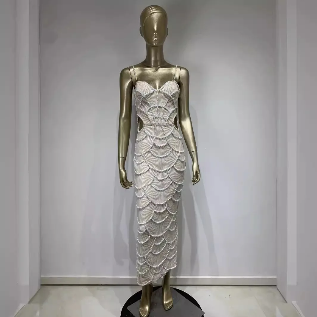 Witte Parel Pailletten Dr Faionable Uitgesneden Par-jurk Nieuwe collectie Dames Dr Gentle Sle Losse taille Polyester Lange ski...