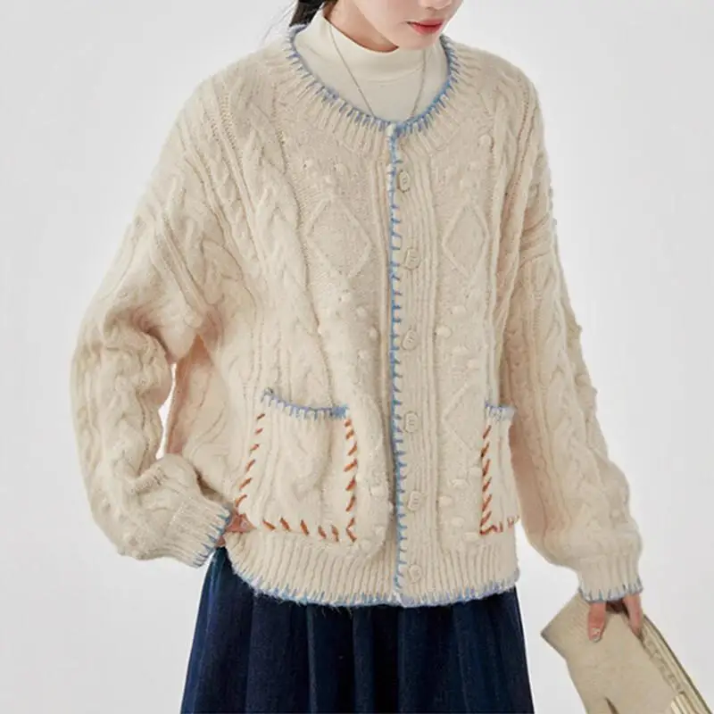 

Весенне-осенний новый женский вязаный кардиган с круглым вырезом в корейском стиле, модный шерстяной свитер, пальто для женщин, повседневный трикотаж