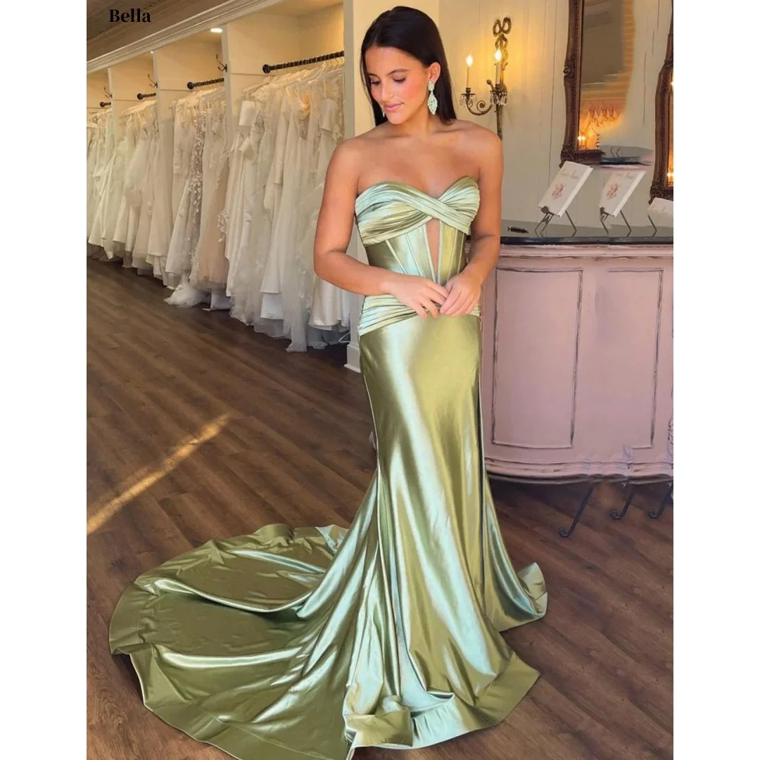 Vestidos de fiesta de satén verde salvia personalizados Bella, elegantes vestidos de noche sin tirantes estilo sirena con aberturas y fruncidos, formales para la noche 20