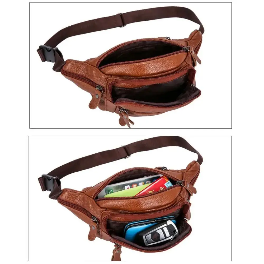 PU Leather Zipper Waist Purse Pack Men\'s Waist Bag Fashion Waterproof Large Capacity Travel Phone Bag