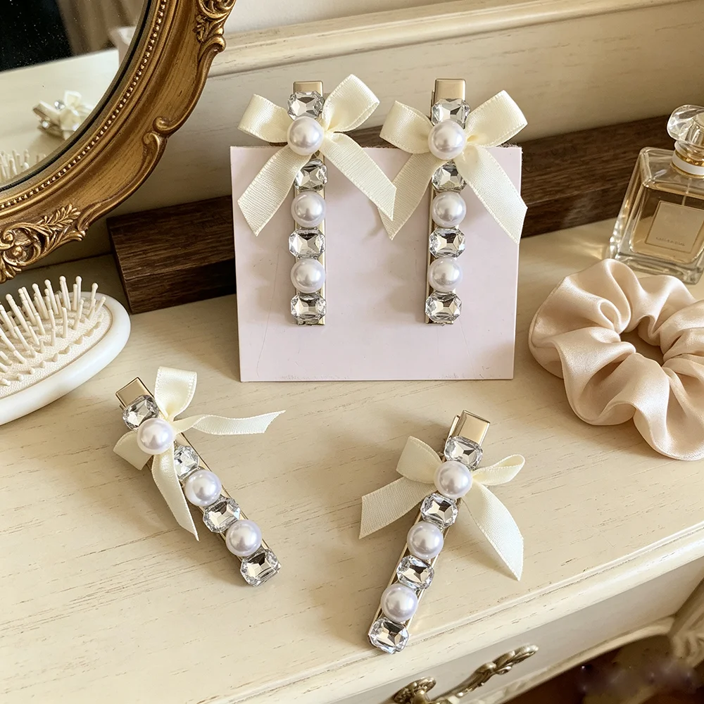 2pcs/set Satin Bow Pearl Crystal Hair Clips Elegant Barrettes for Women Bridal Wedding Party Daily Hairstyle Decor Girly Hair