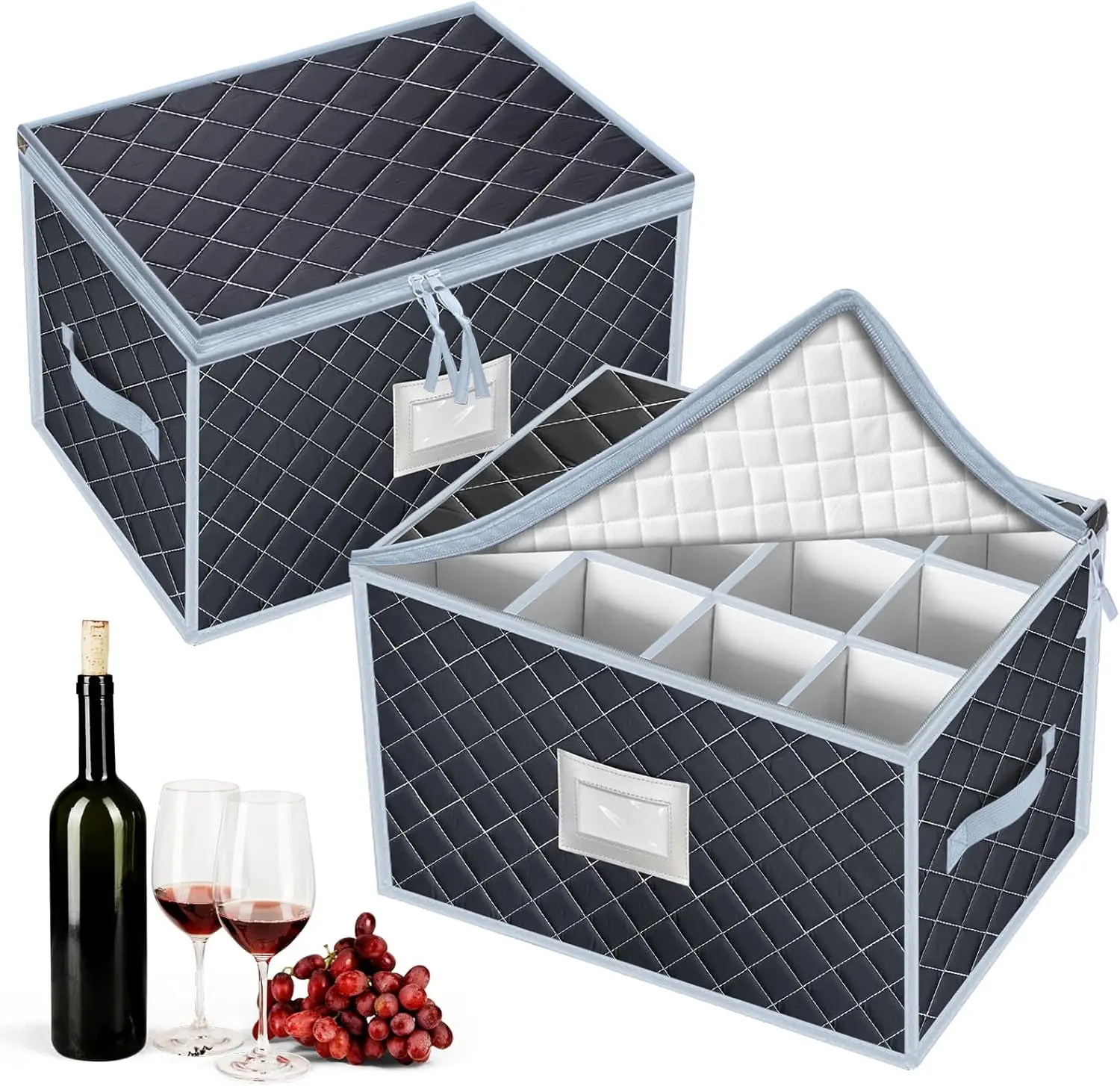 

Wine Glass Storage Box with Dividers Holds 24 Stemware Storage Cases or China Crystal Glassware Containers with Handles and L