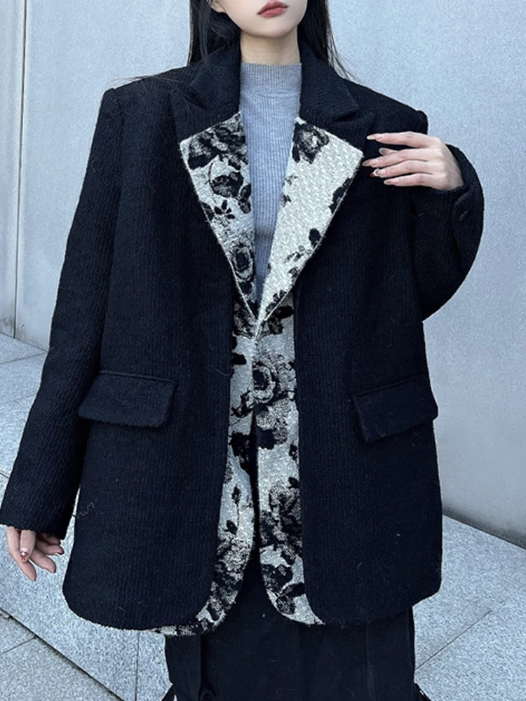 SONNEESD Streetwear Oversize Fashion Personality Design Coat Harajuku Vintage Black Splicing Fower Stereo Cutting Suit Coat