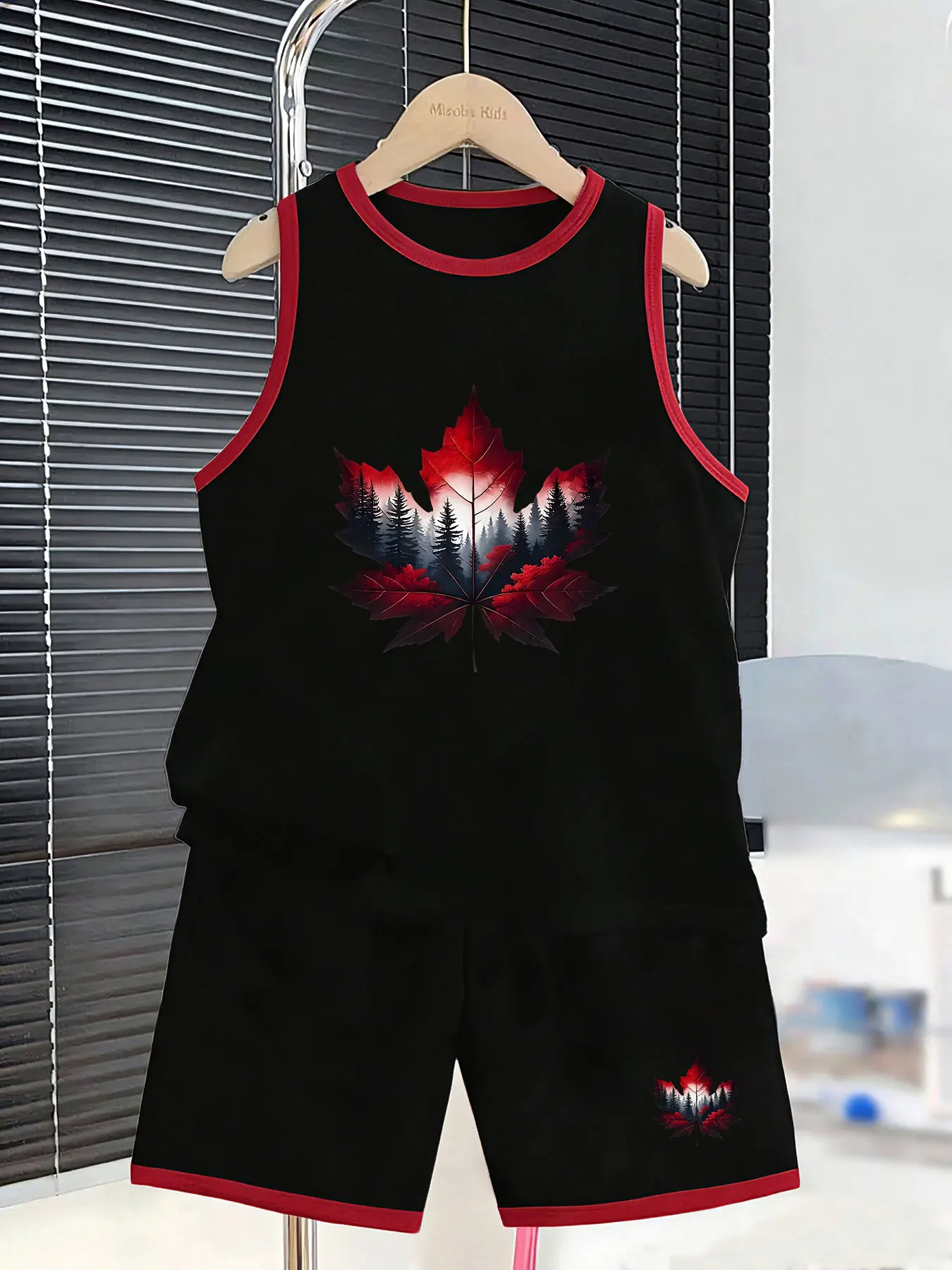 Boys' Maple Leaf Forest-Themed Tank Top and Shorts Set, creating a natural-style summer outfit. Selected skin-friendly and breat