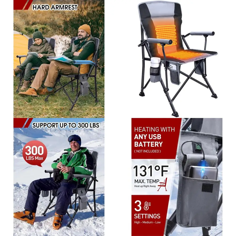 

Portable Heated Folding Chair for Adults, 3-Level Heat, Padded Seat & Back, Outdoor Sports Chair with Cup Holder and Pockets, Re