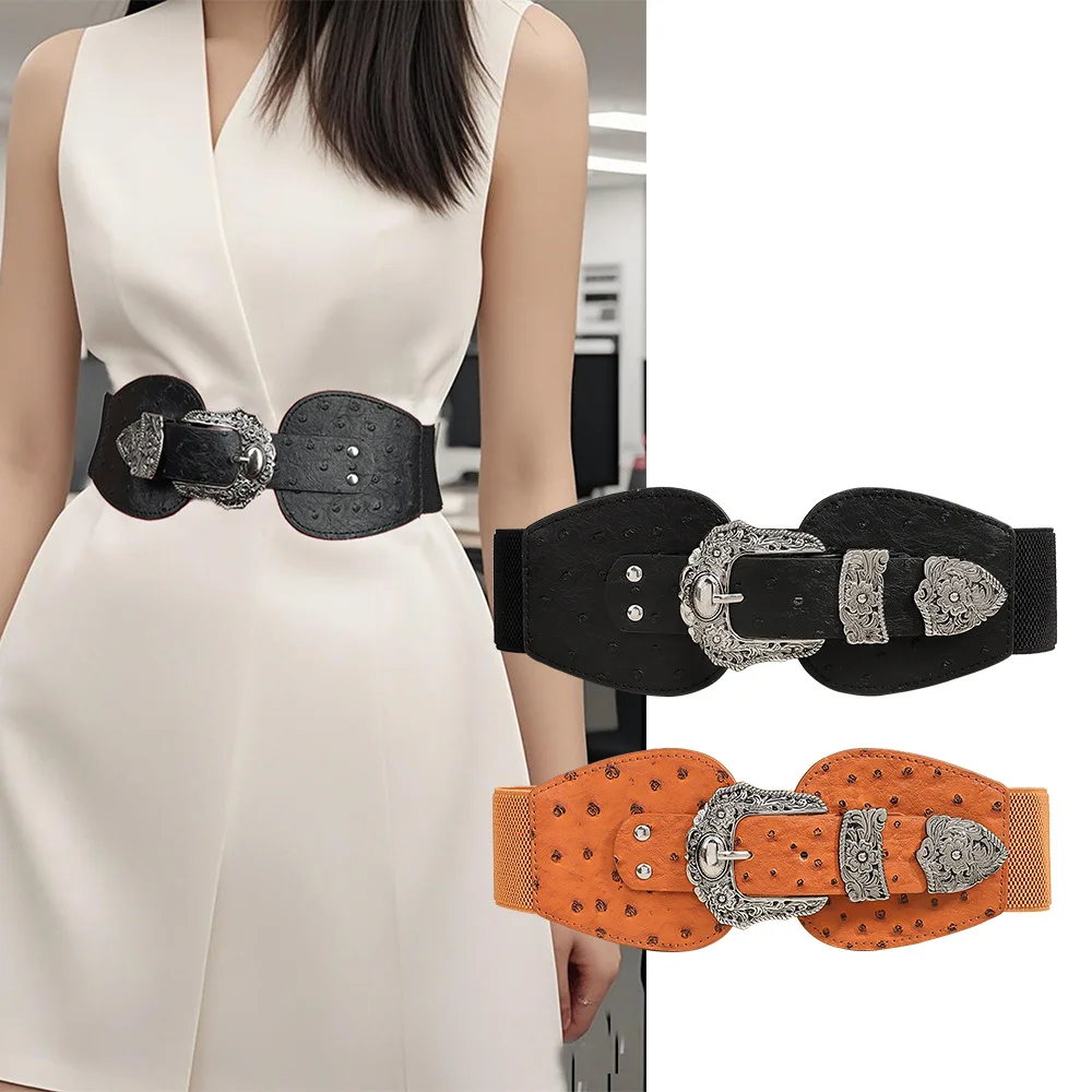 

2026 Fashion Ladies Rivet Elastic Carved Pin Buckle Corset Wide Waist Sealed Skirt Coat Suit Belts for Women Luxury Designer