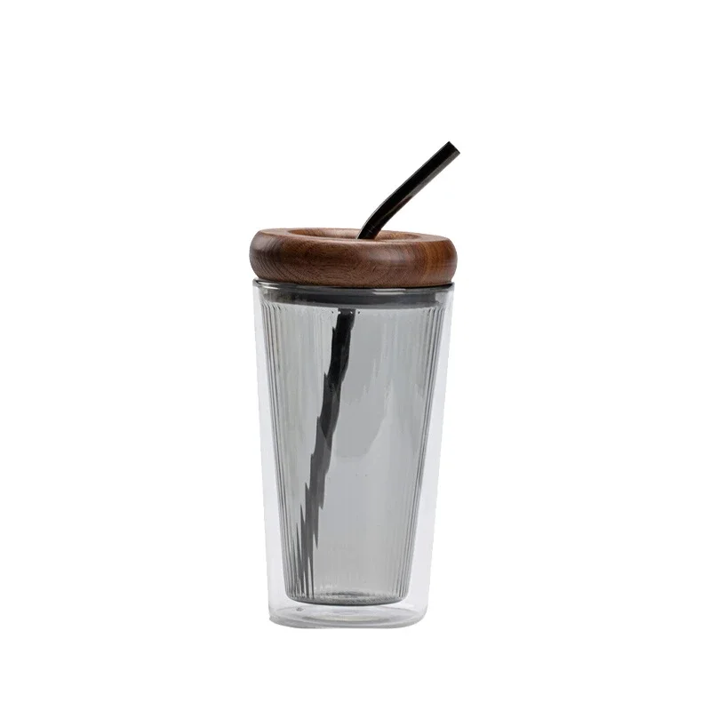 Cup with high value glass, high temperature resistant, double-layer solid color straw glass with lid, Nordic style 500ml