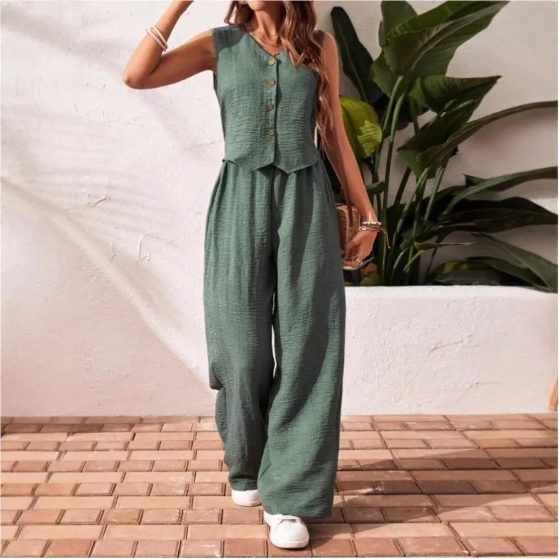 

Casual cotton linen V-neck single breasted sleeveless vest +wide leg pants women's fashionable comfortable daily commuting set
