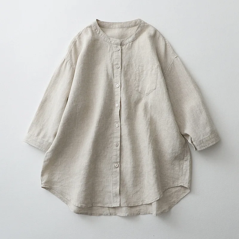 

Women's Linen Stand Collar Shirt | 2024 Relaxed Fit 3/4 Sleeve Japanese Style Top
